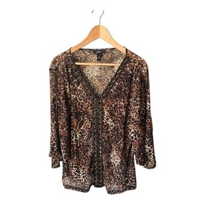 Alfani Blouse Women Size XL Animal Print Embroidery Flare 3/4 Sleeve Y2k Light
